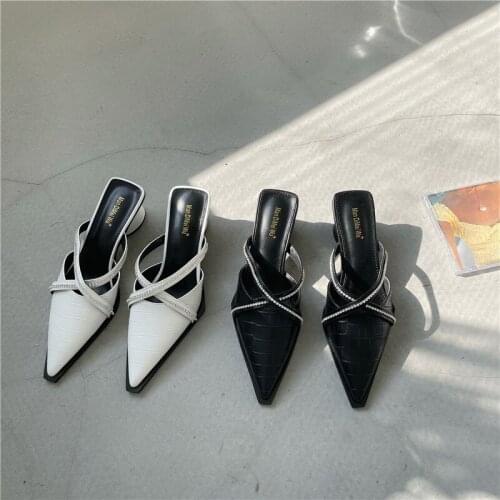 2021 Spring Women Slipper Slip On Pointed Toe Elegant Mule Shoes Ladies Square High Heel Leisure Sandal Outdoor Slides In Summer