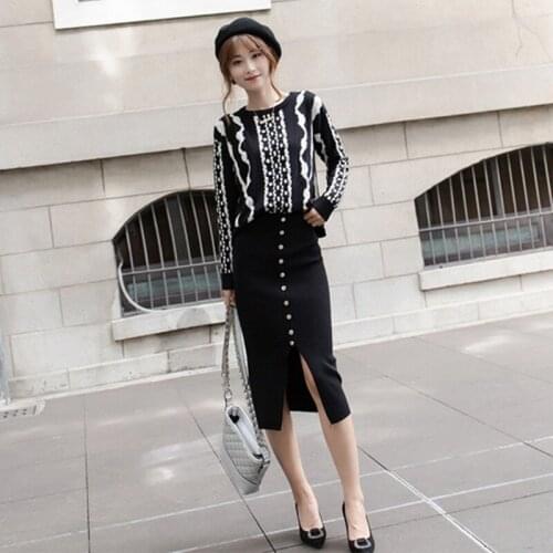 High Quality Women Runway Set Knitting Stripe Jumper Tops And Bodycon Skirts Vintage 2 Pieces Sweater Pullovers Suit