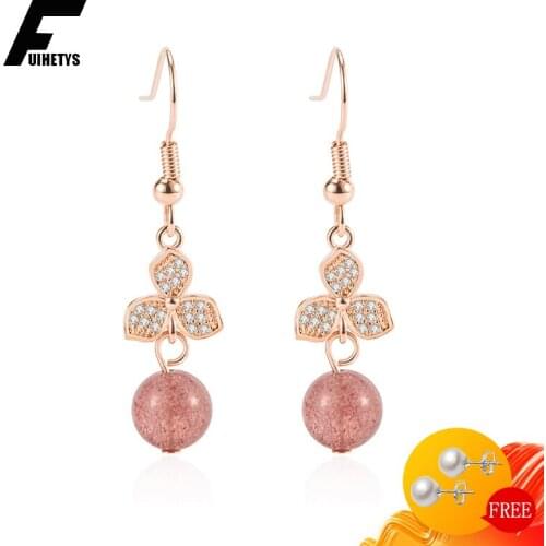 Bali Jelry Trendy 925 Silver Women Earring Round Pink Crystal Zircon Clover Shape Drop Earrings Jewelry Accessories for Wedding