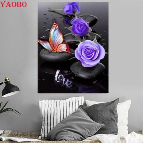 5d diy diamond painting full square round Purple rose flower butterfly stone diamond embroidery sale for 2020 New arrival mosaic