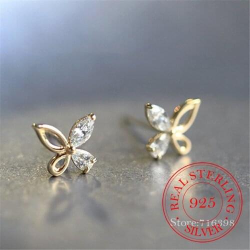 925 Sterling Silver Crystal Hollow Butterfly Stud Earrings For Women Kids Female pendientes mujer moda