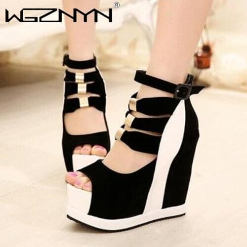 Black Ladies Sandals Platform Sandals Women Zipper Shoes Summer 14cm High Heels Shoes Ankle Strap Female Slip-ons Wedges Shoes