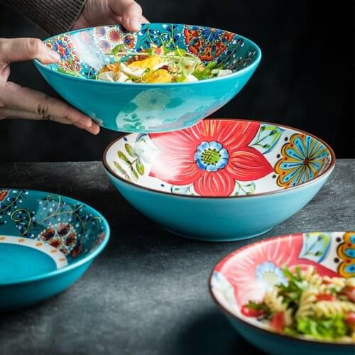 Export Ceramic Tableware Hand-painted Noodle Soup Bowl Bone China Deep Salad Fruit Plate Household Microwave Oven Use Dinner Set