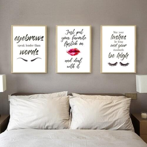 Red Lips Canvas Painting Fashion Makeup Pictures Wall Art Posters and Prints Funny Quotes Art Eyebrows Print Modern Home Decor