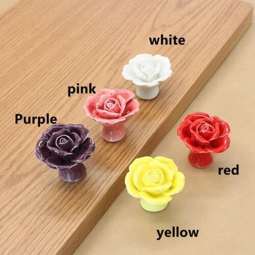 Creative fashion rural rose ceramic knobs yellow red pink purple flower porcelain drawer cabinet dresser knobs pulls handles