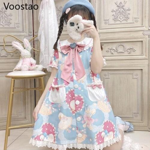 Japanese Sweet Lolita Op Dress Women Kawaii Duck Picnic Bow Lace Tea Party Dresses Girls Vintage Victorian Gothic Princess Dress