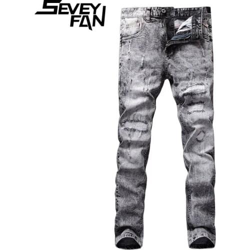 SEVEYFAN Mens Vintage Ripped Jeans Gray Skinny Patchwork Pencil Denim Pants Cotton Joggers Pants