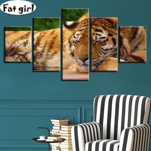 5pcs HD print diamond painting DIY Sleeping tiger mosaic embroidery square round Home furnishings cross stitch modern wall art