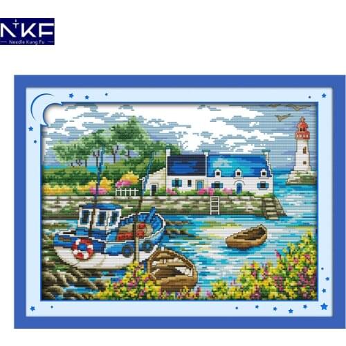 NKF Scenery of Port Cross Stitch Pattern Handmade Craft Scenery Design Needlework Cross Stitch Set Embroidery for Home Decor