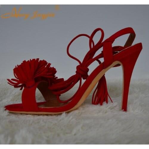 New PomPom Wild Thing Fringe Suede Sandals Women Summer Wlegance&Fashion Non-Leather Ankle Lace-Up High Heels Shoes Nancyjayjii