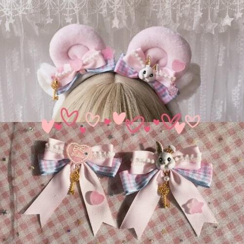 Lolita Elements Cute Rabbit Sheep Horn KC Headband Hair Band Japanese Kawaii Sweet Soft Girl Hairpin Side Clip Plush Headdress