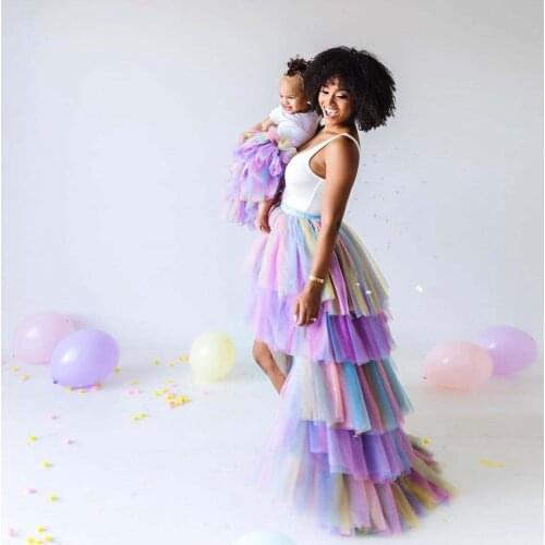 Rainbow Fashion Cute Classic Skirts Photography Mother And Me Ruffles Tulle High Front Low BackWomen Gowns Custom Made