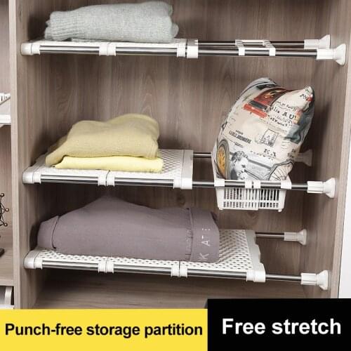 Telescopic Wardrobe Partition Board Nail-Free Wardrobe Layer Partition Storage Rack Cabinet Shelf Household _WK