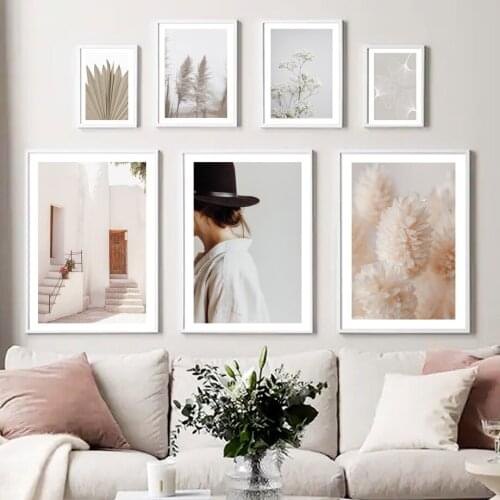 Nordic Posters And Prints Reed Palm Leaves Beach Girl Gypsophila White Wall Art Canvas Painting Decor Pictures For Living Room