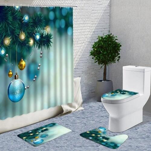 Snowflake Christmas Tree Shower Curtain 4pcs Set Winter Home Decor Christmas Gift Bathroom Curtain Bath Mat Rugs U-Shaped Pad