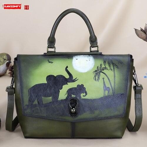 Retro Leather Women handbag top layer cowhide female shoulder messenger bag ladies Hand-painted buckle portable tote bags