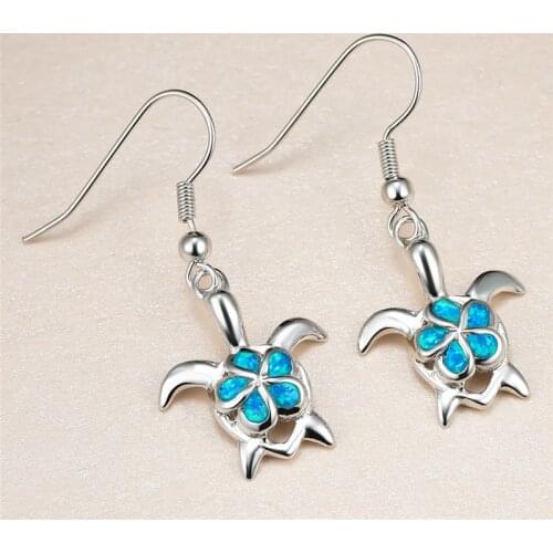 Vintage Fashion Silver Color Sea Turtle Dangle Earrings Charming Blue Fire Opal Flower Drop Earrings For Women Wedding Jewelry