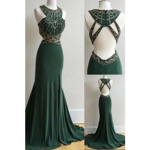 VKBRIDAL Womens Beaded Halter Green Prom Dresses Long Sexy Criss-cross Back Formal Evening Robes Homecoming Party Gowns