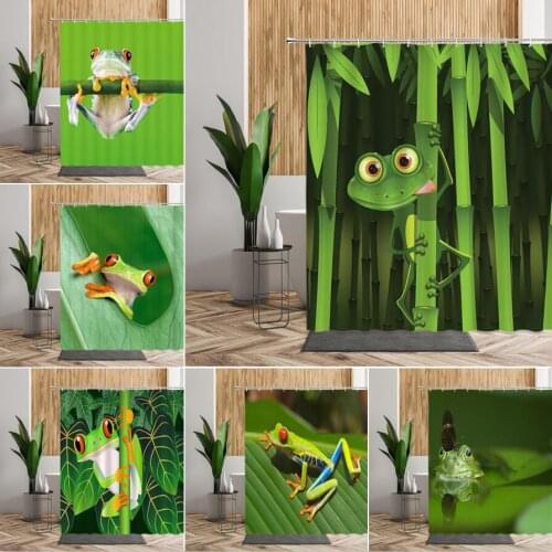 Green Frog Shower Curtains Set African Tropical Animals Plant Hanging Curtain Waterproof Bath Screen With Hook 3D Bathroom Decor