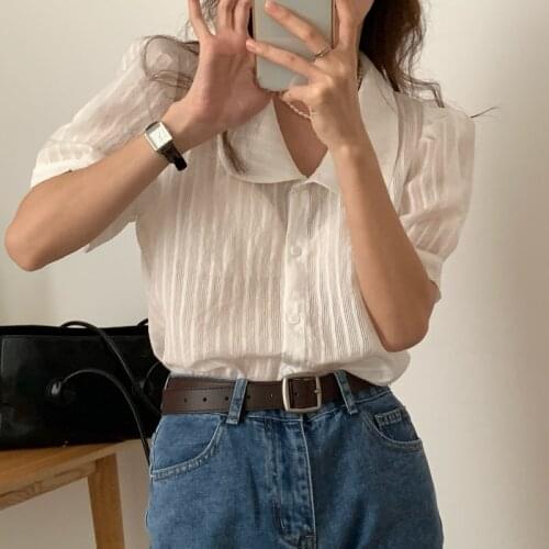 Korean Tops Chic Doll Collar Puff Sleeve Short-sleeved Shirt Solid Casual Vintage Sweet Button Women Blouse Blusas Mujer 14819