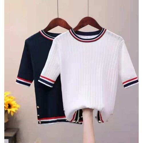 Knitted Short Sleeve T Shirt Summer Leisure Small Stripe Pure Color Bar Button 2021 Charm Women Fashion Clothing Wholesale