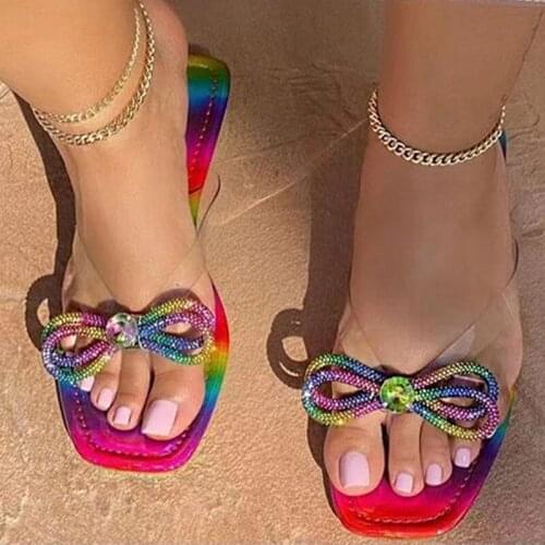 Womens 2021 Summer Peep Toe Slippers Mixed Color Transparent Bow Ladies Shoes Casual Outdoor PU Plus Size Women Elegant Shoe