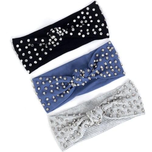 Bohemia Diamond Rhinestones Hair Accessories Denim Ribbed Headband For Women Girls Striped Stretchy Hairband Female Turban Wraps