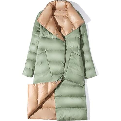 Women Double Sided Down Long Jacket Double Breasted Snow Outwear Warm Parka Stand Collar Lapel 90% White Duck Down Coat
