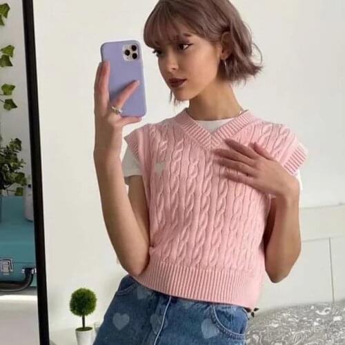Foridol Twist Knitted Sweater Vest Women Sleeveless Knitwear Autumn Pink Waistcoat Casual Harajuku Femme Jumper Winter 2021