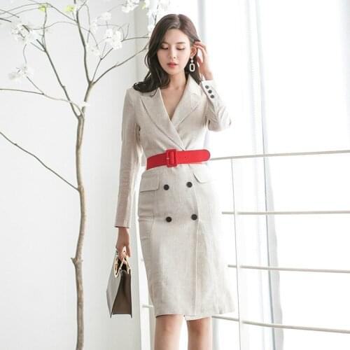 2019 Autumn Casual Blazer Dress Women Double Button Solid Midi Dress Ladies with Sashes&Pocket Women Work Office Dress Elegant
