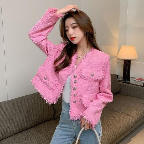 2021 Spring Vintage Women Single-Breasted White Tweed Coat Fashion V-Neck Long Sleeve Tassel Autumn Elegant Gentle Outwear