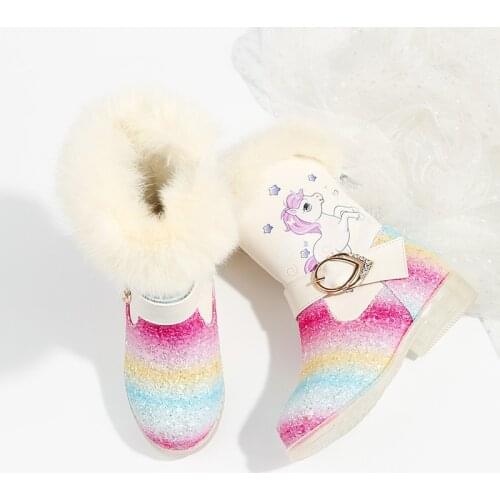 Unicorn Girls Snow Boots Winter Rainbow Sequins Kids Boots New Fashion Baby Girls Plush Warm Leather Shoes Girl Martin Boots