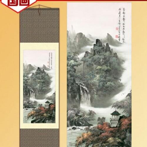 1pc Traditional Home Decoration Chinese Silk scroll painting Landscapes Gongbi painting S061