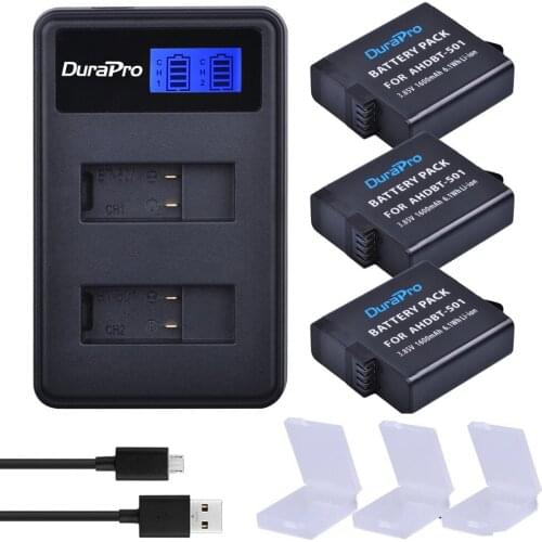3pcs AHDBT-501 Camera Battery Pack for Gopro 5/6 Gopro Hero 5/ 6 + LCD USB Dual Charger for Gopro Hero 5/ Hero5/6 Go pro Camera
