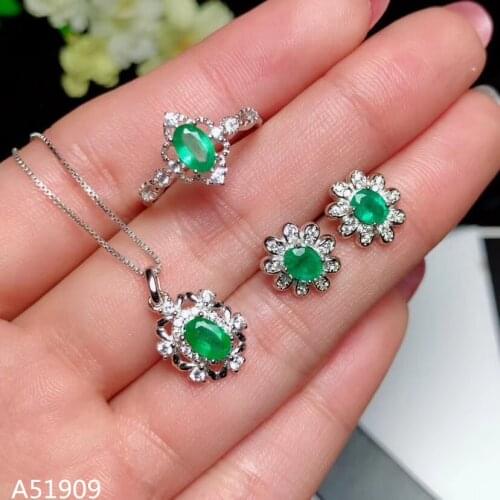 KJJEAXCMY exquisite jewelry 925 sterling silver inlaid natural emerald female ring necklace pendant earrings set support detecti