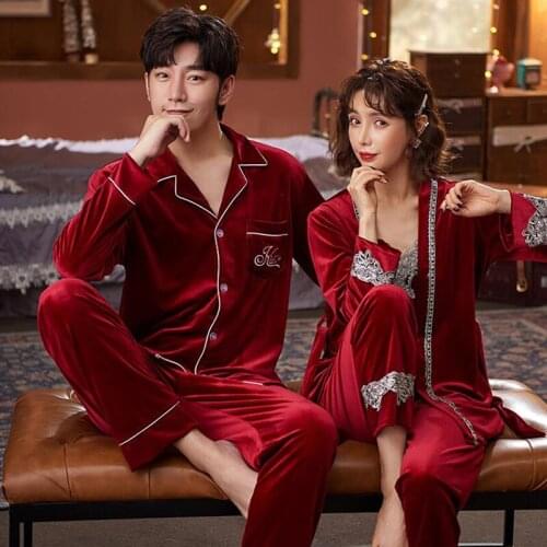 Three-Piece Suit Pajamas For Women And Men Velvet Couple Pajamas Winter Sleepwear With Sling Tops Red Pyjama Pour Couple FG279