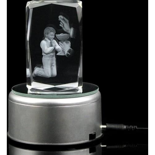 Colorful Crystal Engraving 3D Photo Cube Holy Communion Souvenirs Gifts With Led Light Base