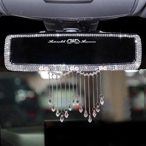 Creative Crystal Tassels Car Interior Mirror Decoration Flower Diamond Rhinestone Rear Mirror Ornament Bling Car Accessories