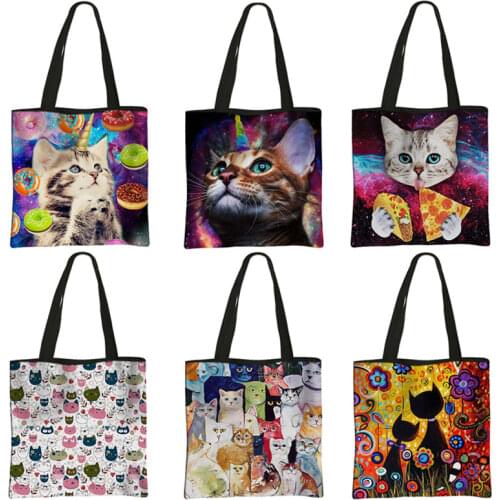 Cute Cat Print Casual Tote Bag Women Handbag Cartoon Kitten Shoulder Bag for Travel Ladies Portable Shopping Bags