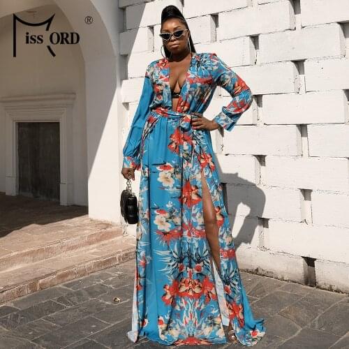 Missord 2021 Women Summer Sexy Deep V Plus Size Side Split Print Belt Long Sleeve Party Dress Beach Holiday Elegant Maxi Dresses