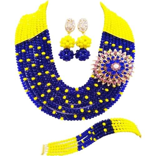 Fashion Opaque Yellow Royal Blue African Beads Jewelry Set Nigerian Wedding Party Necklace Jewelry Sets 10SZ10