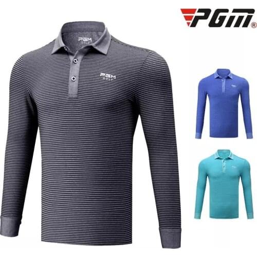 Pgm Autumn Winter Golf Clothing Mens Striped Long-Sleeved Training Shirts Button Collar T-Shirt Breathable Anti-Uv Apparel D0487