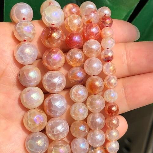 Natural Orange Snow Cracked Dragon Fire Agates Electroplated Stone Round Loose Spacer Beads for Jewelry Making DIY Bracelets 15"