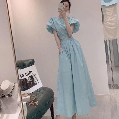 2021 Summer New Womens Suits Skirt Suits Fashion Two-piece Skirt Women Korean Puff Sleeve Blouse Long Skirt Thin 2 Piece Suit