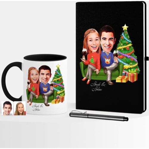 Personalized Christmas Theme Valentine Caricature Of Black Notebook Pen Mug set-4