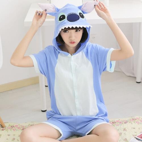 Kigurumi Onesie Unisex Adult Blue Stitch Pajamas Costume Animal Cosplay Short Sleeve Cartoon Sleepwear