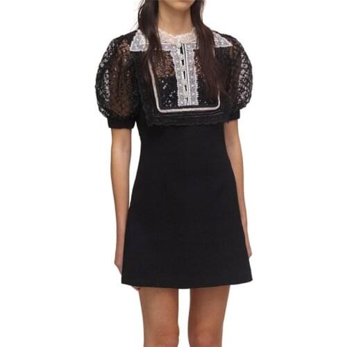 Sexy Black Lace Beading Mini Party Dresses Women Fashion Elegant Short Sleeve A-line Slim Summer Dress 2021