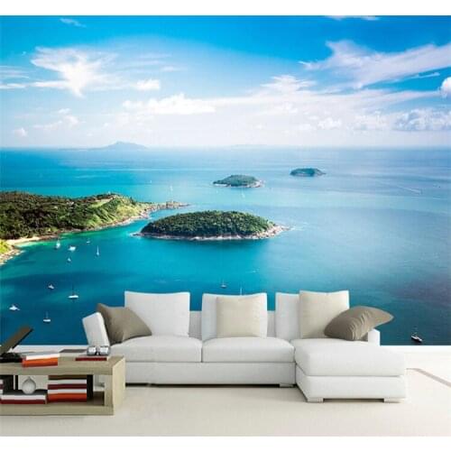 Mediterranean Style Blue Sky Sea View Island 3D Wallpaper Beautiful Nature Landscape Photo Mural Living Room Bedside Home Decor