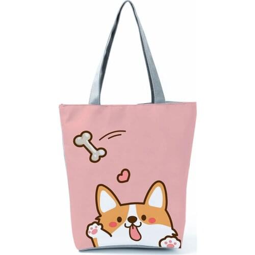 Cartoon Corgi Printed Handbag High Capacity Pink Women Shoulder Bag Fashion Eco Reusable Foldable Shopping Bag Outdoors Packs