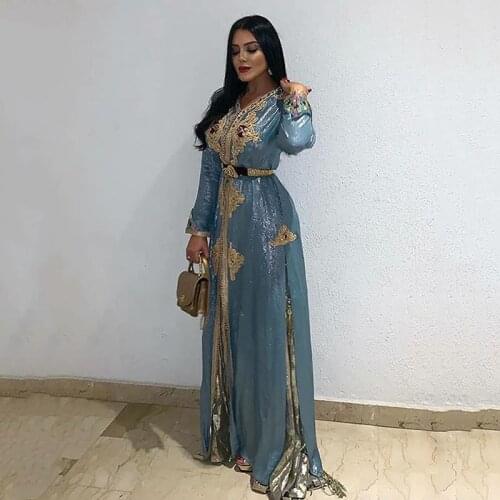 Dirty Blue Moroccan Kaftan Lace Formal Evening Dress Long Dubai Special Occasion Dresses 2021Long Sleeve Muslim Party Dress